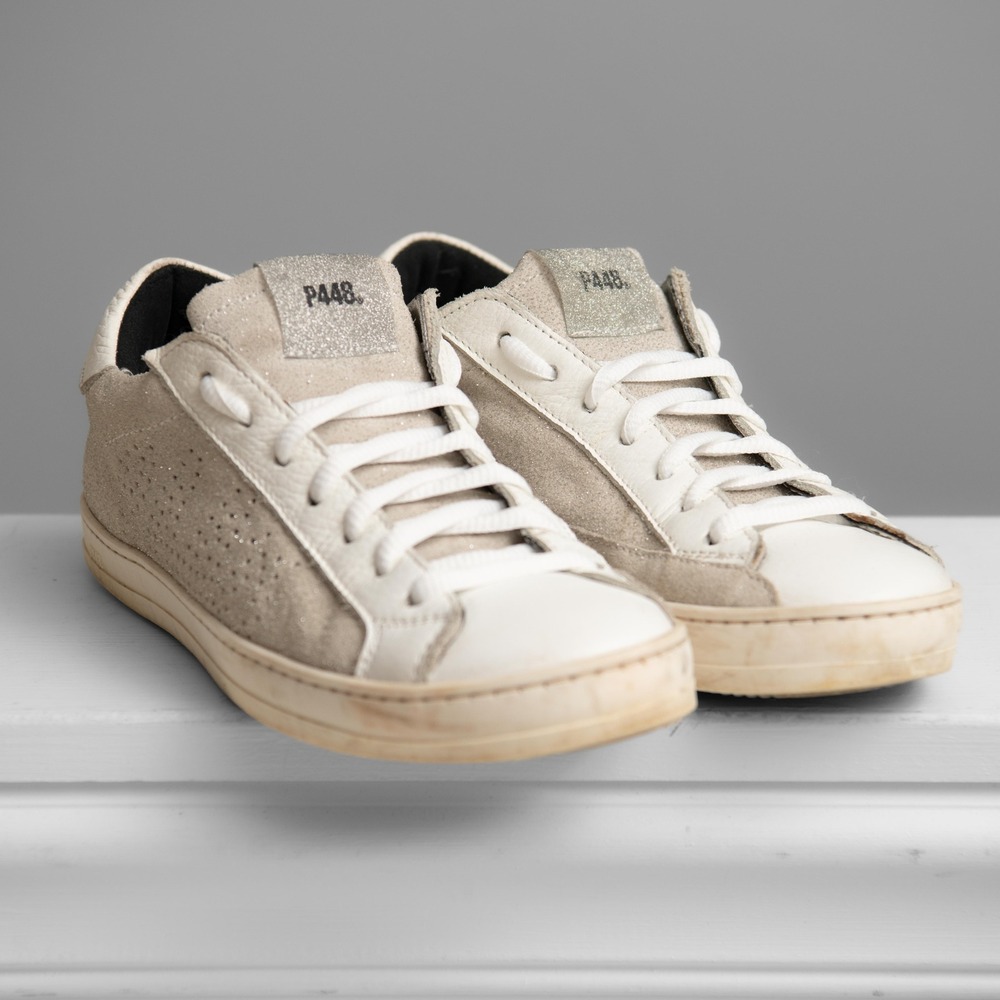 P448 Beige Suede Glitter Sparkle Italy Sneakers Minimalist Athleisure Shimmery